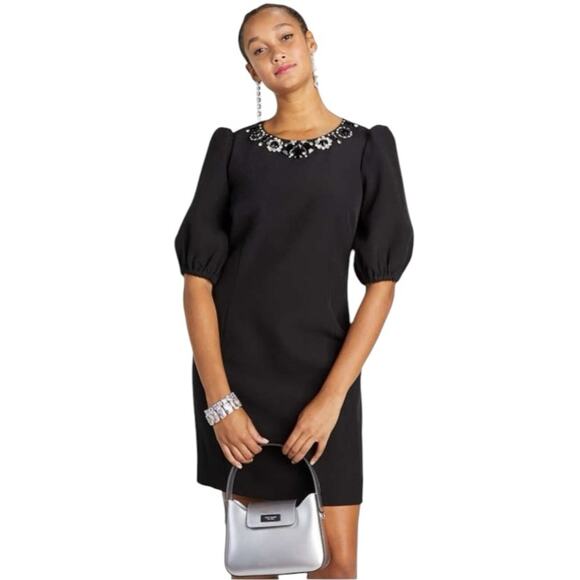 Kate Spade Embellished Neck Double Crepe Black Puff Sleeve Dress size 14 - Picture 1 of 13